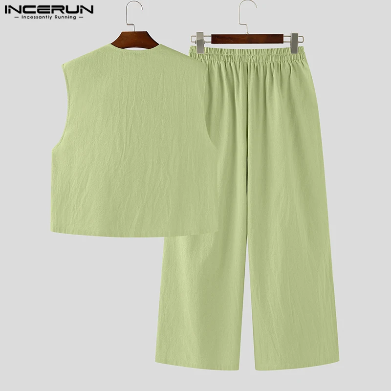 Incerun conjuntos masculinos cor sólida com decote em v sem mangas coletes e calças conjuntos de duas peças streetwear 2025 solto moda masculina ternos casuais