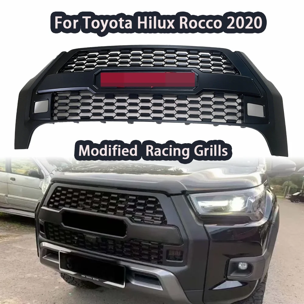 

LED Front Grille For Toyota Hilux Revo 2020 2021 ABS Sport Mesh Upper Radiator Cover Direct Fit - Black Bumper Mask Replacement