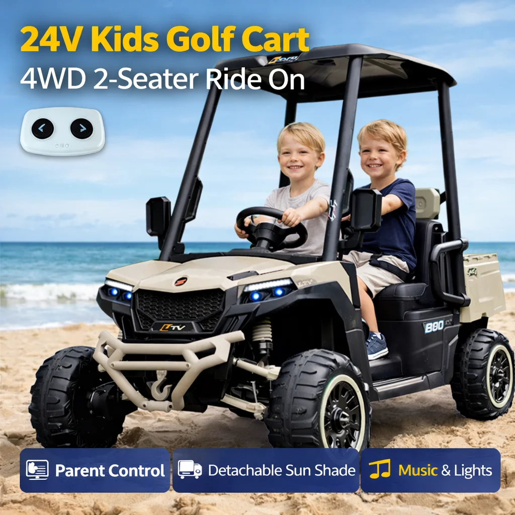 

Детский гольф-кар 24В, двухместный, с солнцезащитным козырьком, пультом управления, LED-подсветкой, музыкой, USB, беспроводным хранилищем и багажником для детей от 3 лет