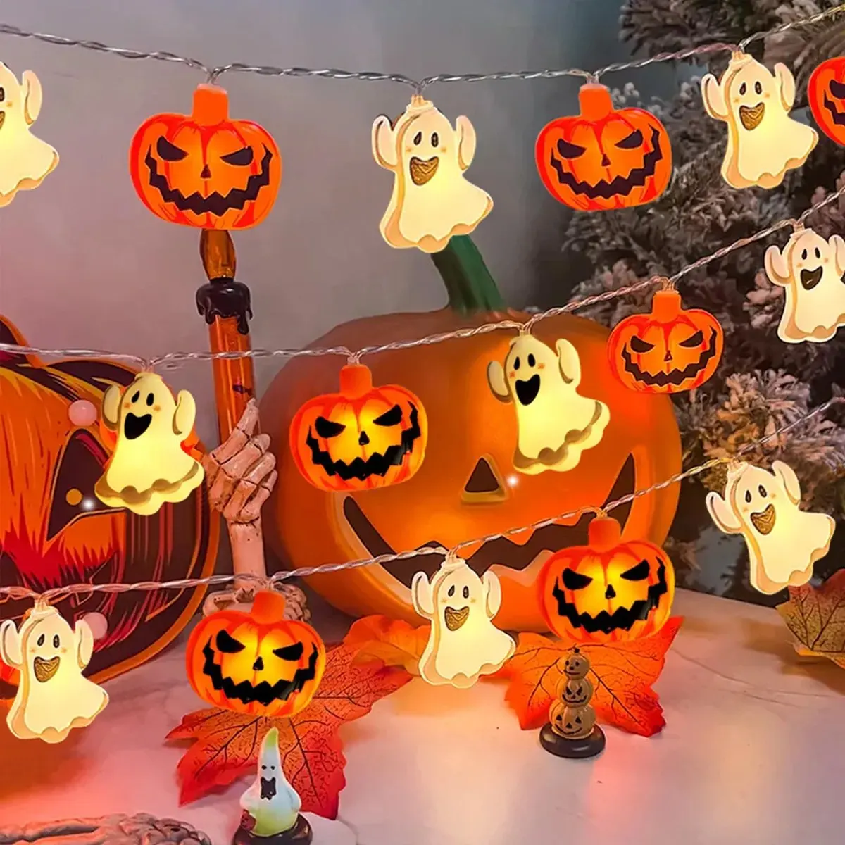 1pc 10/20 LED Halloween Single Layer Pumpkin & Ghost String Light Battery Powered For Home Garden Holiday Halloween Party Decor
