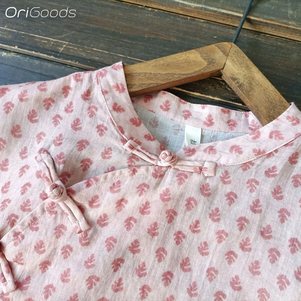 OriGoods Camicia lunga stampata rosa oversize in lino Donna Abiti in stile cinese Ramie 100% Camicetta lunga estiva Top oversize X024