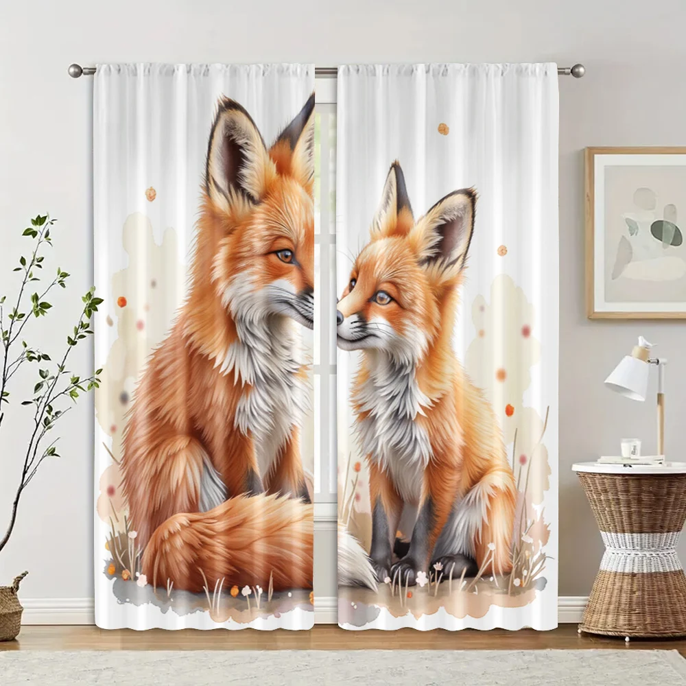 2 pcs, filtering curtains (excluding rods, non-movable, without batteries) Mama Fox And Little Fox for use in bedrooms and