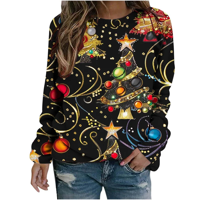 Harajuku 3D Funny Christmas Ornaments Print Sweatshirts Reindeer Xmas Graphic Ugly Christmas Sweatshirts Mens Round Neck Hoodies