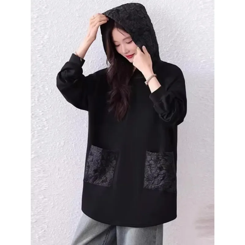 Felpa patchwork a maniche lunghe in pizzo casual a maniche lunghe con cappuccio nuovo stile alla moda per le donne