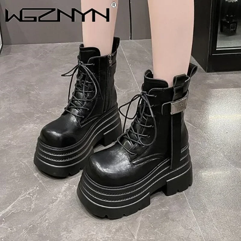 New Women Goth High Platform Ankle Boots Winter Warm Fur Chunky Snow Shoes Lace-up Sneakers Woman Leather Motorcycle Botas Mujer