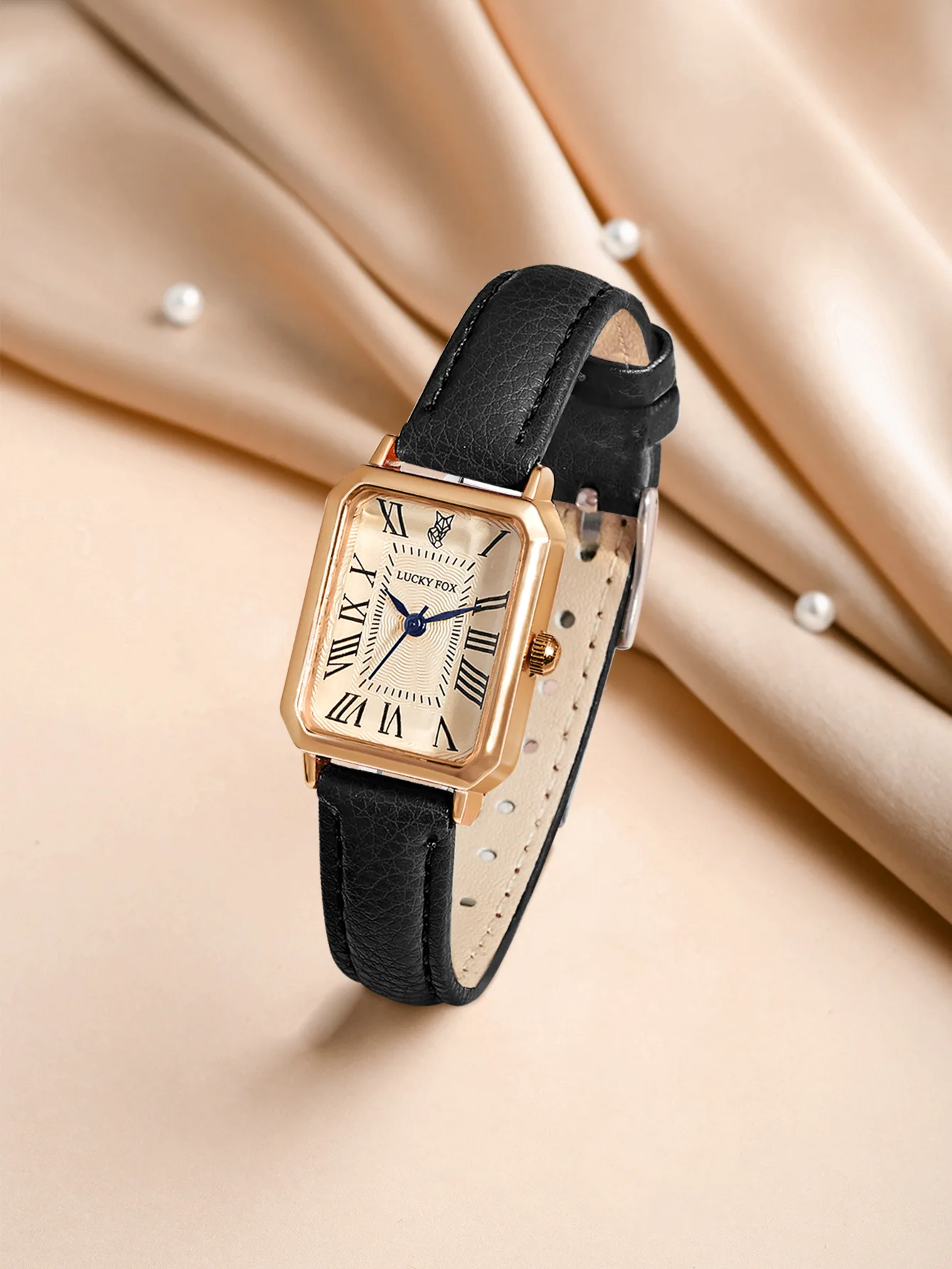 Women Watch Rectangle Case Gold Dial Quartz Wristwatch Simple Roman Numerals Female Black Strap Clock Vintage Fashion Reloj