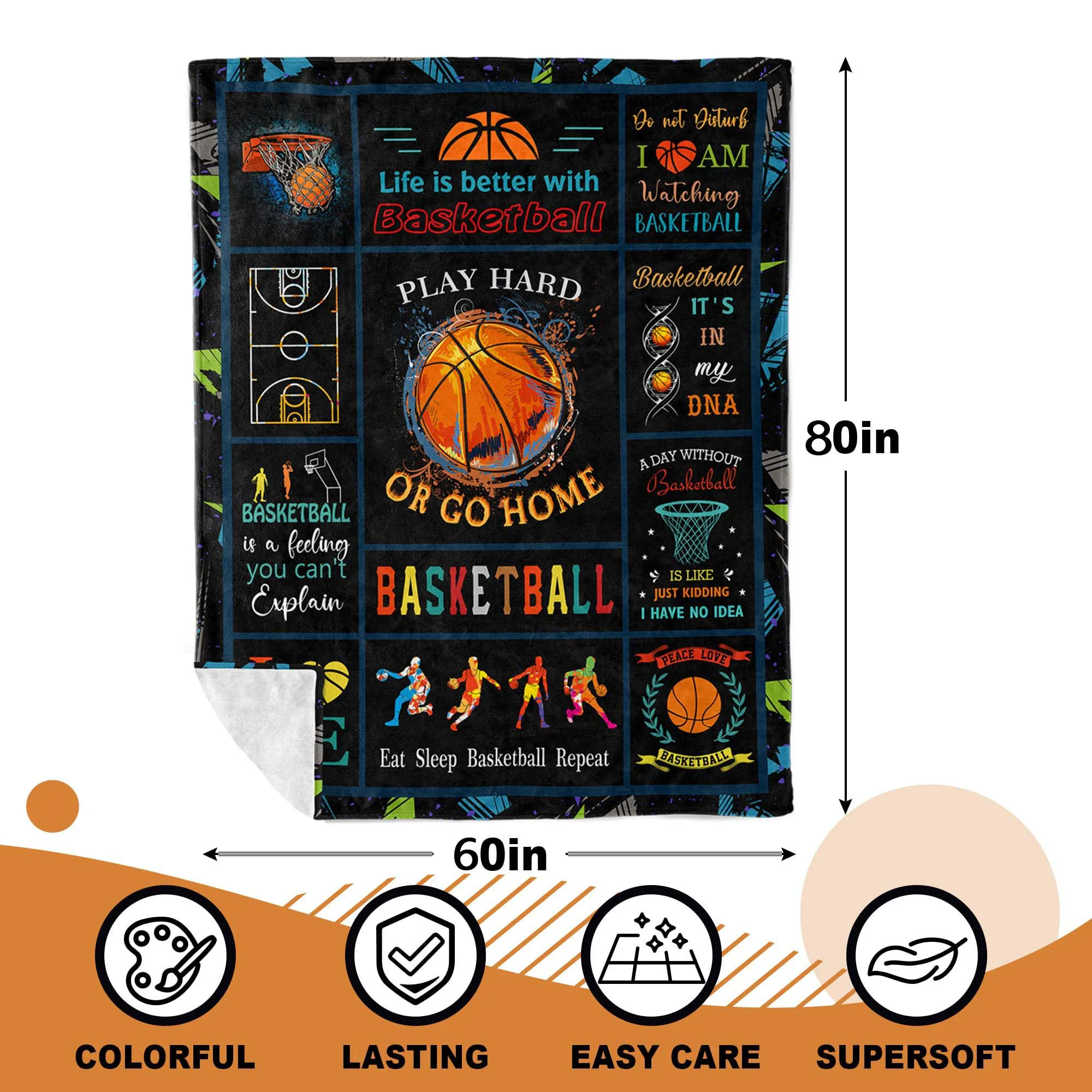 Sports Basketball Throw Blanket, Practical Basketball‑themed Gift for Boys Girls, Soft Plush Blanket for Home Bedroom Sofa Decor