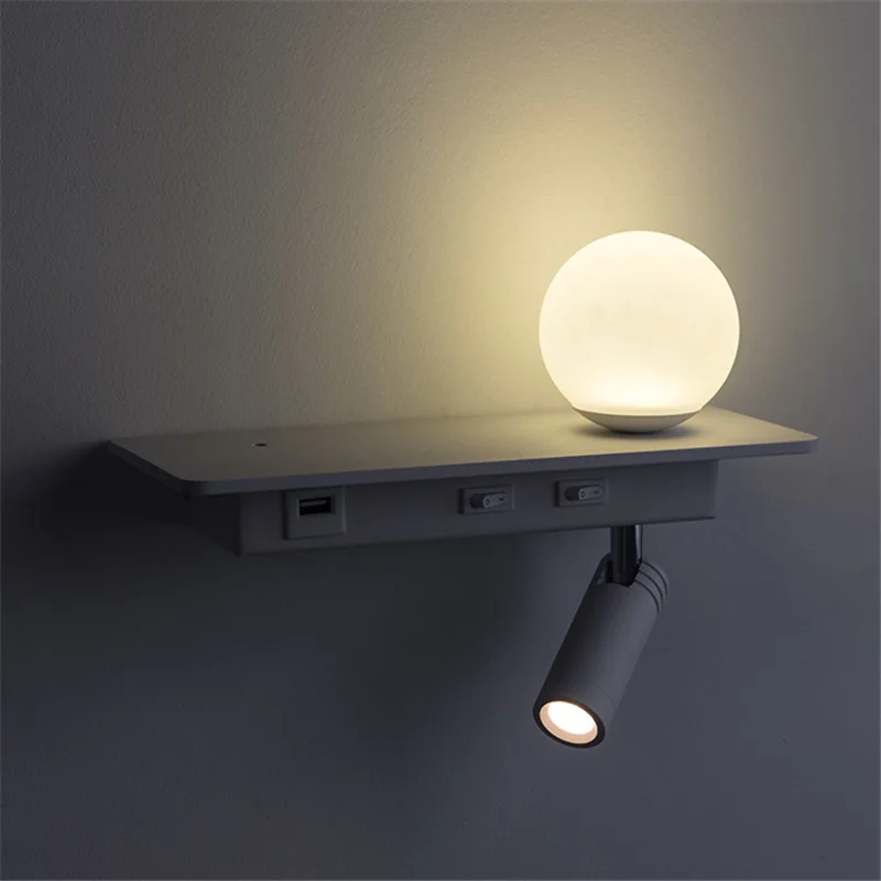 

USB Charging Reading Wall Sconce with Switch Hotel Bedroom Bedside Wall Lamp with Shelf Adjustable Spotlight Book Light 5W