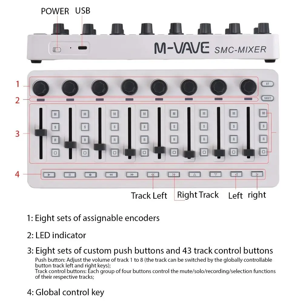 BT Connection Wireless MIDI Controller Wireless 8 Encoder Mixing Console USB-C Interface Software Control SMC-MIXER