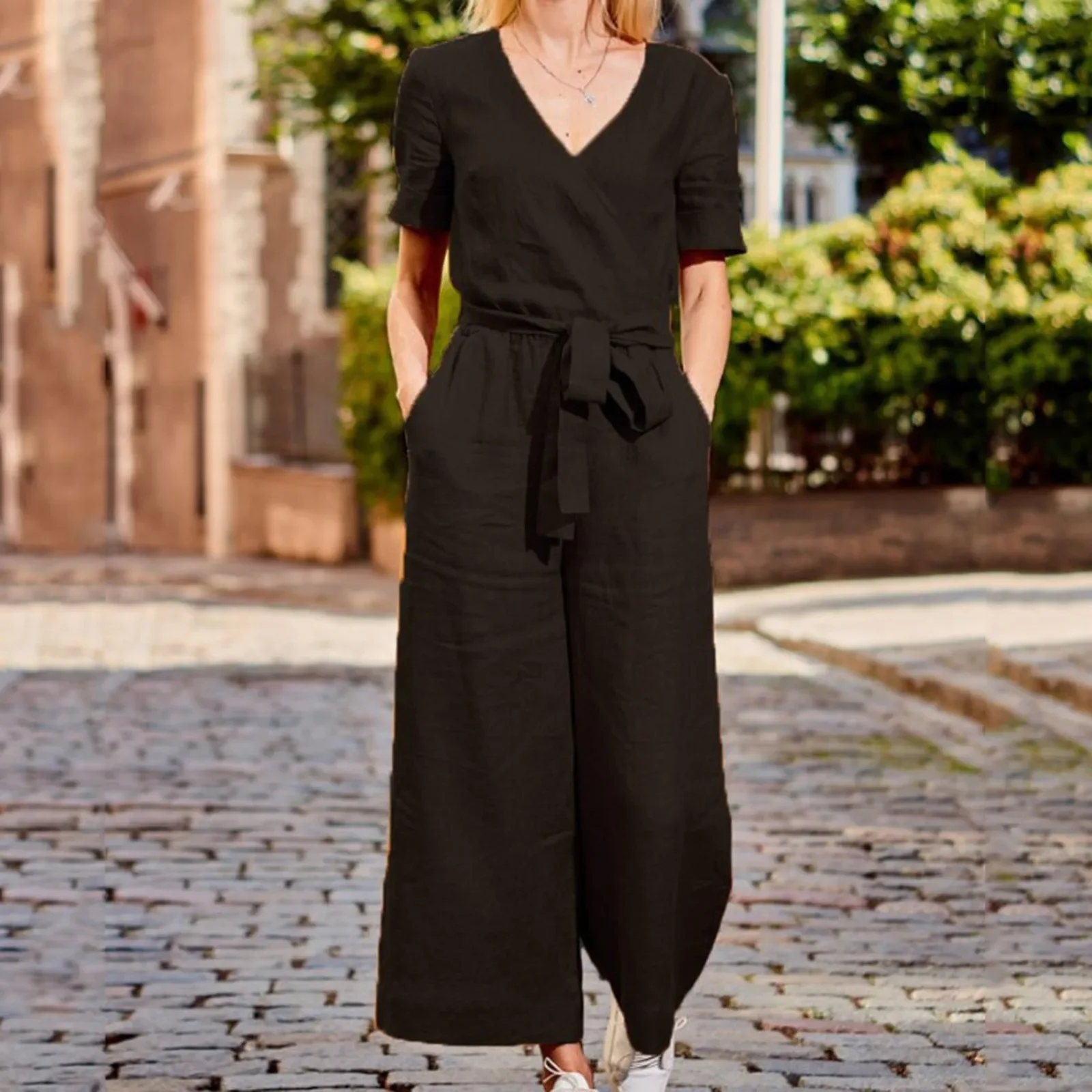 Mono informal de Color sólido para mujer, sudadera holgada de manga corta con bolsillos y cordones, ropa de dormir suave con cuello en V, mono para mujer