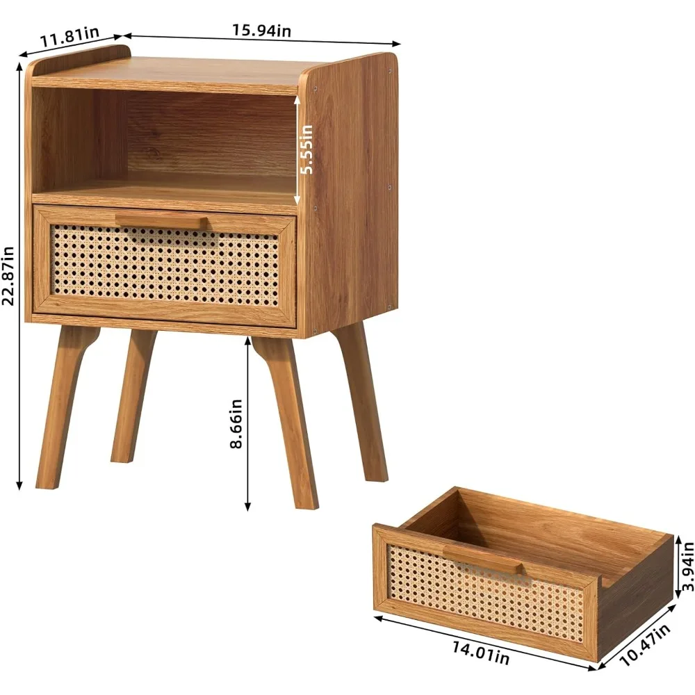 라탄 나이트스탠드, 서랍이 있는 사이드 테이블, 오픈 선반이 있는 케인 액센트 침대 옆 테이블, 견고한 나무 다리가 있는 미드 센추리 스타일