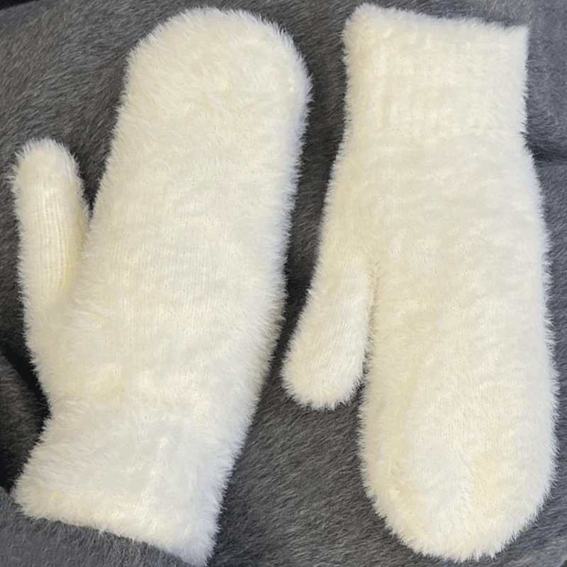 New Women Winter Keep Warm Plus Cashmere Solid Elasticity Soft Full Fingers Mittens Gloves Imitation Rabbit Fur Knitted Cute