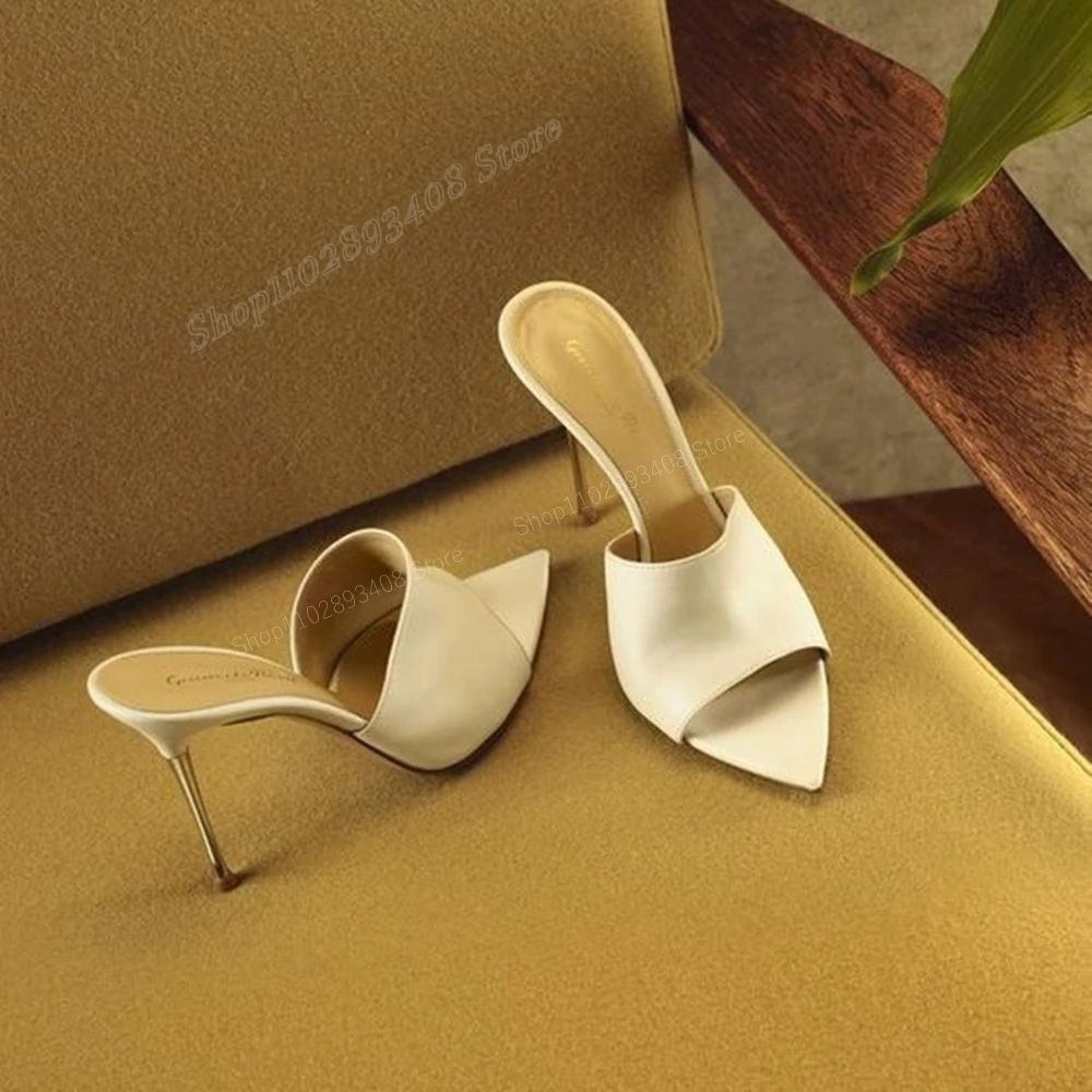 

White Matte Leather Peep Toe Slippers Metal Stiletto High Heel Concise Slip-on Fashion Sexy Women Shoes 2024 Zapatos Para Mujere