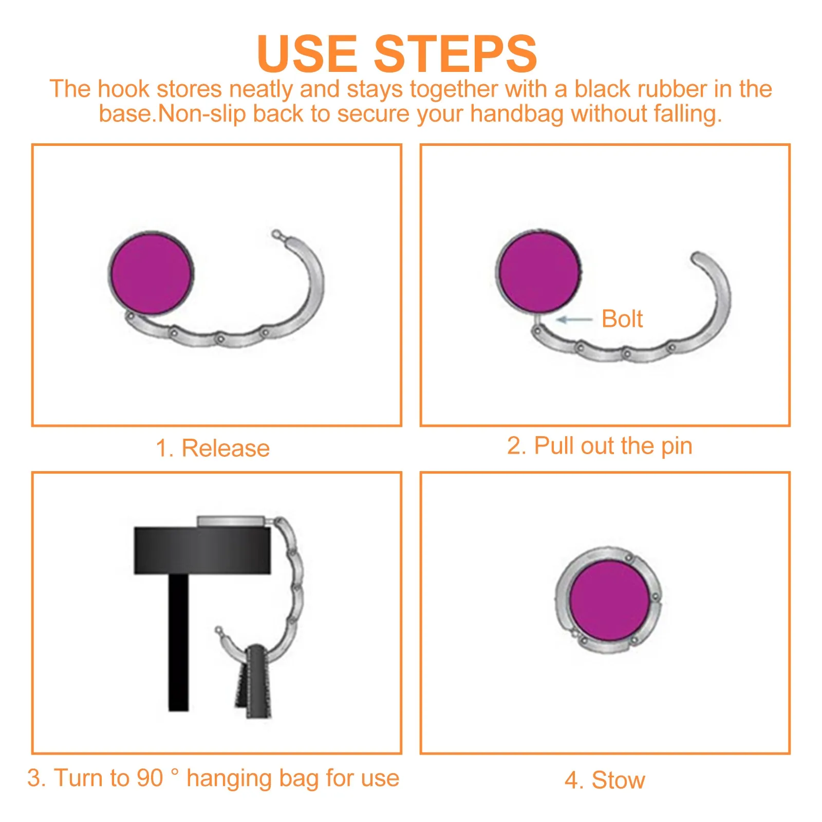 

Practical Purple Flower Shaped Handbag Hanger Foldable Bag Table Hook 115mm Length 50mm Desk Thickness Non-Slip Design