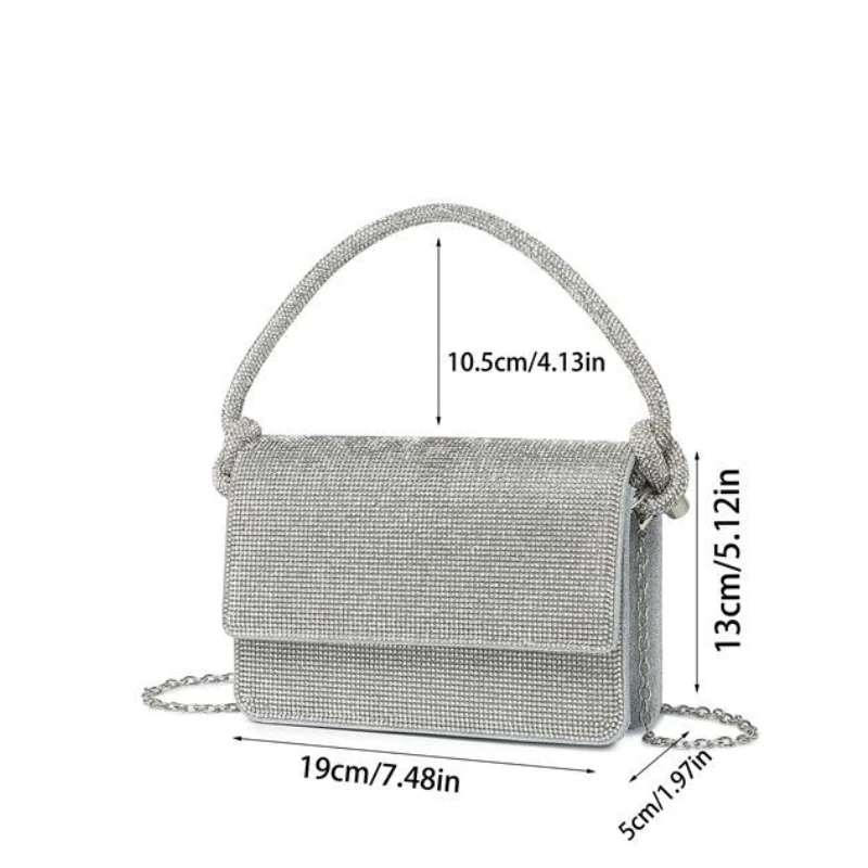 حقيبة ملتوية ذات مقبض علوي عتيق مع سلسلة كتف طويلة للنساء ، حقيبة يد بحجر الراين ، مربعة ، فضة ، ذهب ، ماس ، حقائب سهرة ، موضة