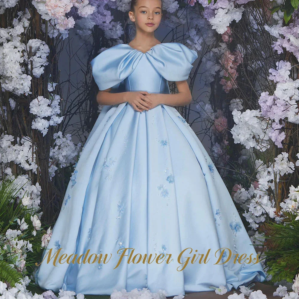 Meadow Light Sky Blue Princess Girls Dress V Neck Short Sleeve First Communion Gown Rhinestone Children Birthday Wedding Dresses