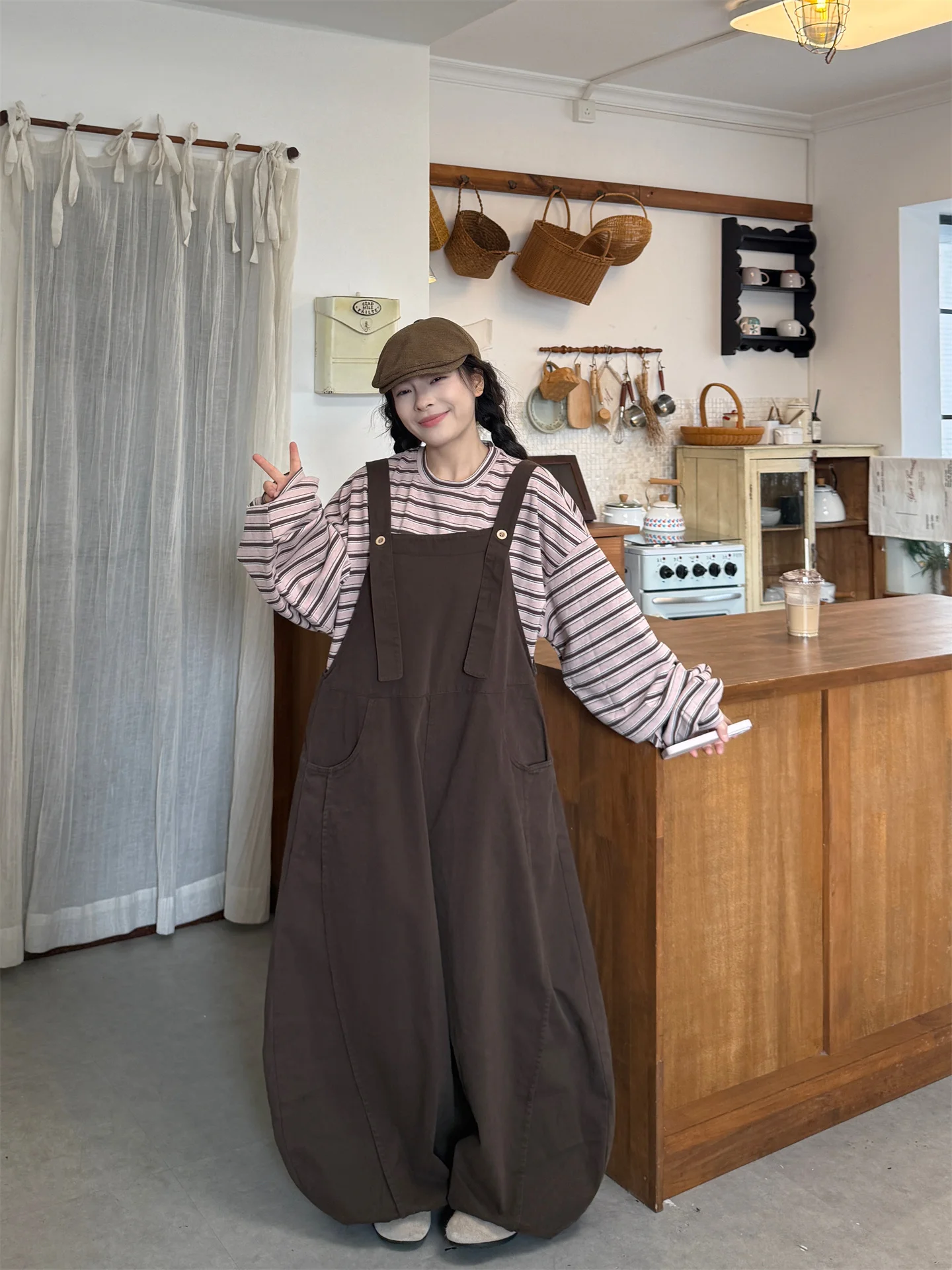 plus Size Women's Vintage Japanese Style round Neck Striped Long Sleeve T-Shirt with Bib Overalls Two Piece Set for plus Size
