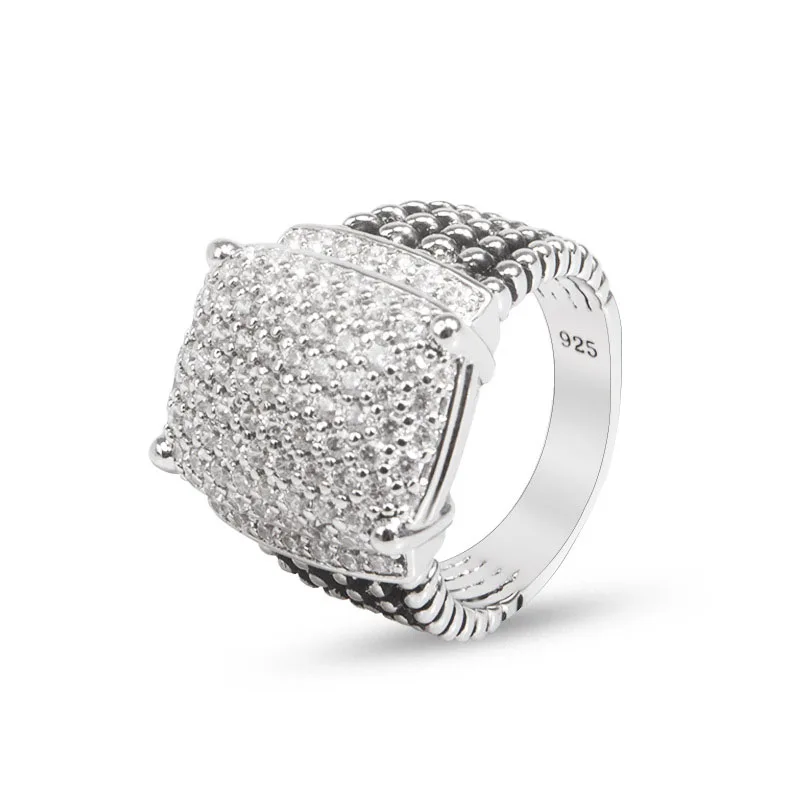 20mm x 15mm diamond set fashion 925 silver ring with exquisite twisted pattern design, 4-prong women's ring jewelry gift