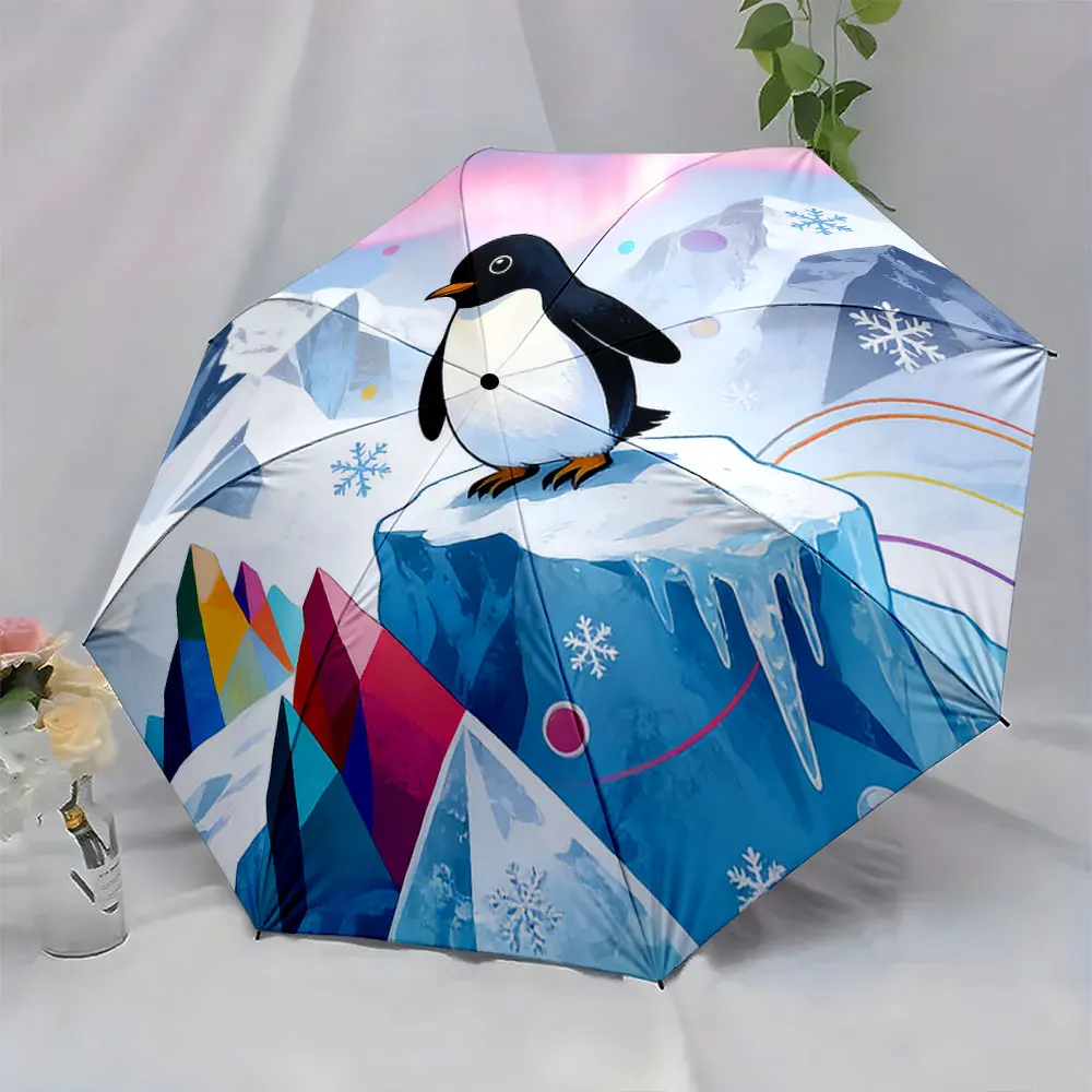 1PC Penguin Adventure on a Colorful Umbrella Print 8 Iron Ribs Folding Umbrella Auto-Open Fashion Sunshade