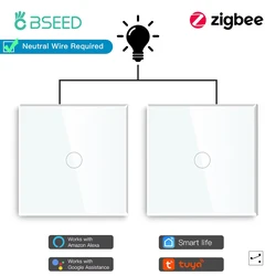 BSEED Zigbee Touch Switches 1Gang 2 Way Stair Switches Tuya Smart Glass Switches Google Smart Life Alexa Voice Control 2Pack