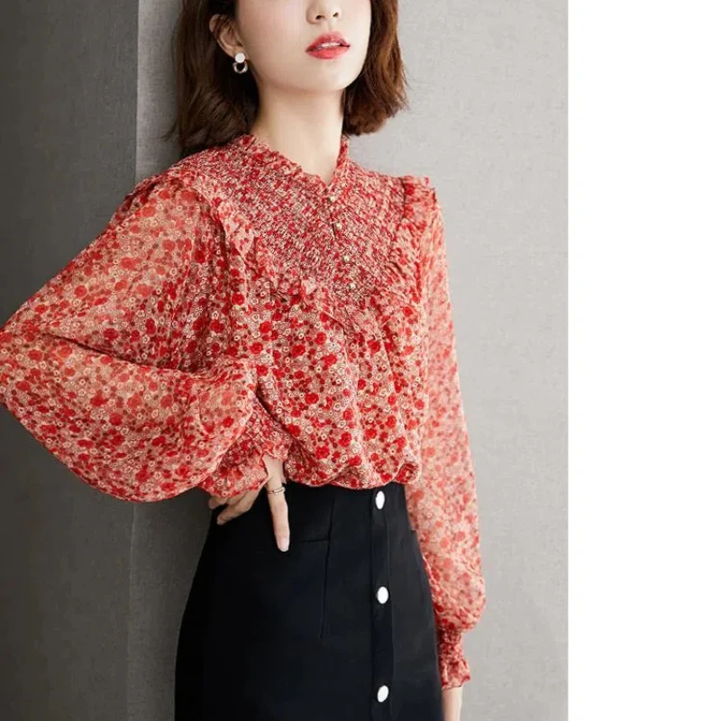 Temperament Spring Pullover Women\'s V-Neck Print Ruffles Button Lantern Sleeve Fashion Office Lady VersatileChiffon Shirt Tops