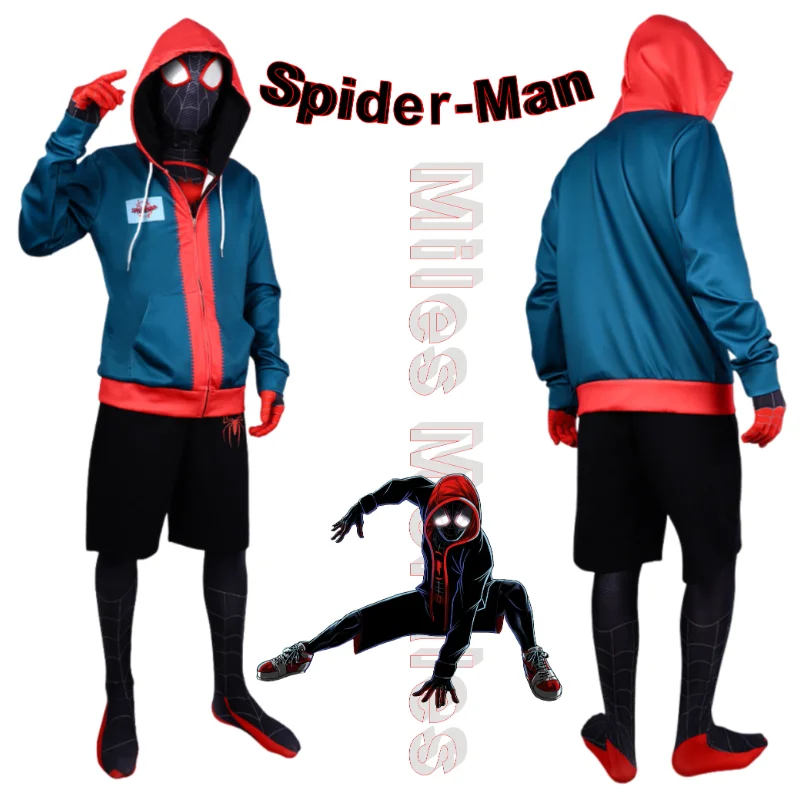 SpiderVerse عصر جديد مايلز موراليس سبايدر مان تأثيري حلي كامل ارتداءها ثلاثية الأبعاد طباعة قلنسوة بسحاب السراويل السوداء فستان الهالوين