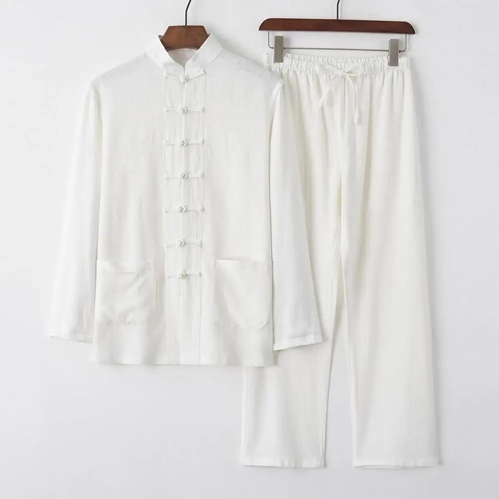 Ensemble deux pièces de style chinois imbibé pour homme, chemise à col montant, pantalon à taille élastique avec boucles de disque, poches Wstring de proximité