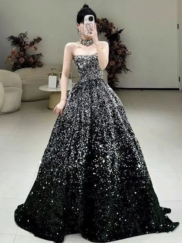 

Ele Long Sequin Evening Gown Women's Sexy Strapl Floor Length Skirt Host Faionable Luxury Art Exam Ball Gown