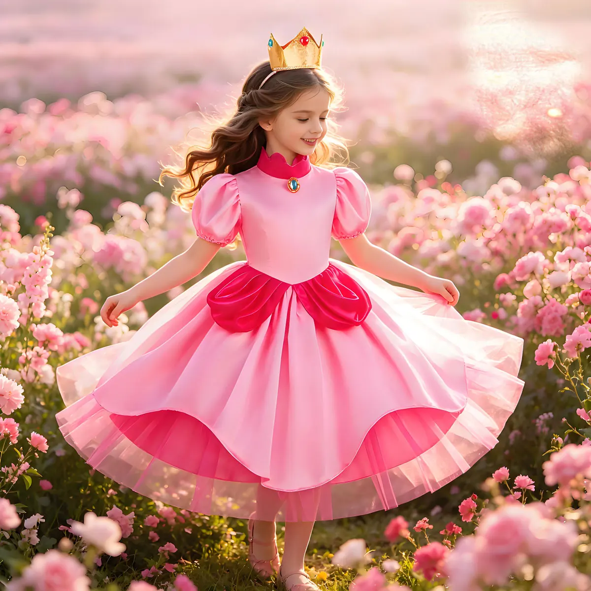 Popular Movie Protagonist Princess Peach Pink Short-sleeved Dress Girl Cosplay Princess Peach Carnival Party Performance Dress