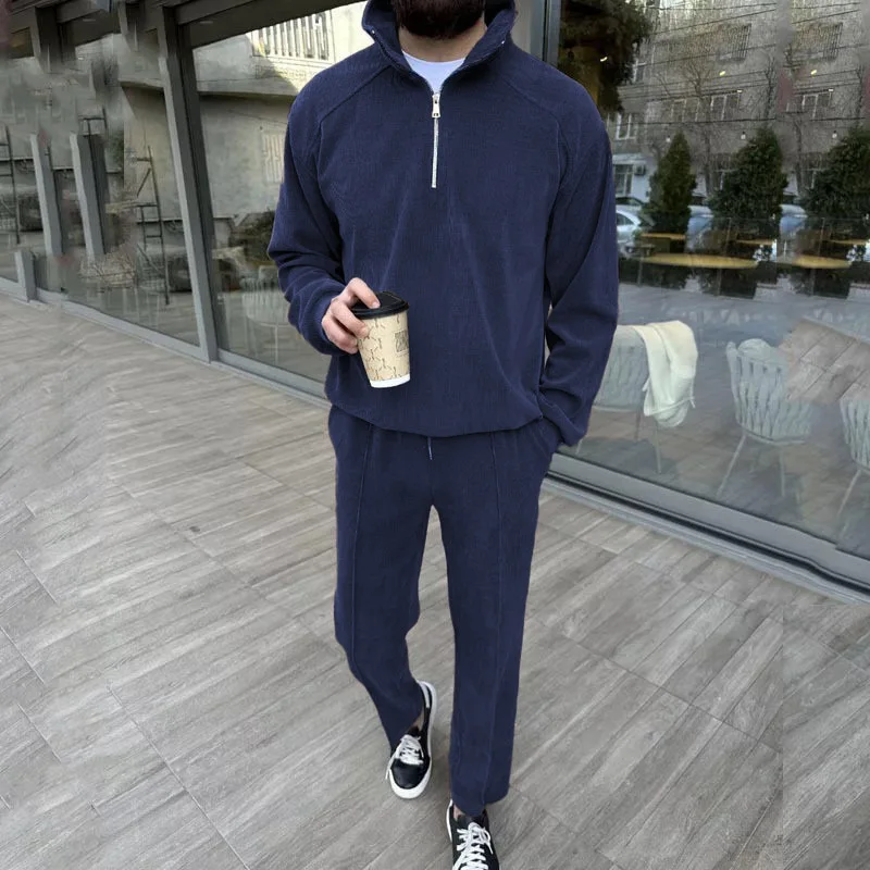 Frühling Herbst Herren Cord Zweiteiler Set Stehkragen Halb-Reißverschluss-Pullover Passende Hose Europäisch-Amerikanischer Trendiger Loser Lässiger Outfit – Detail 9