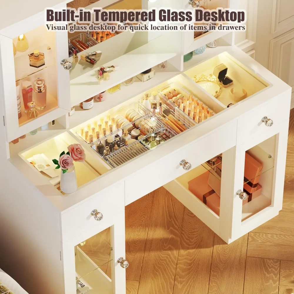 Vanity Desk with Mirror and RGB Lights, 43 Large Makeup Vanity with Glass Top, 4 Large Glass Cabinets, Power Outlet & 3 Drawers, image 5
