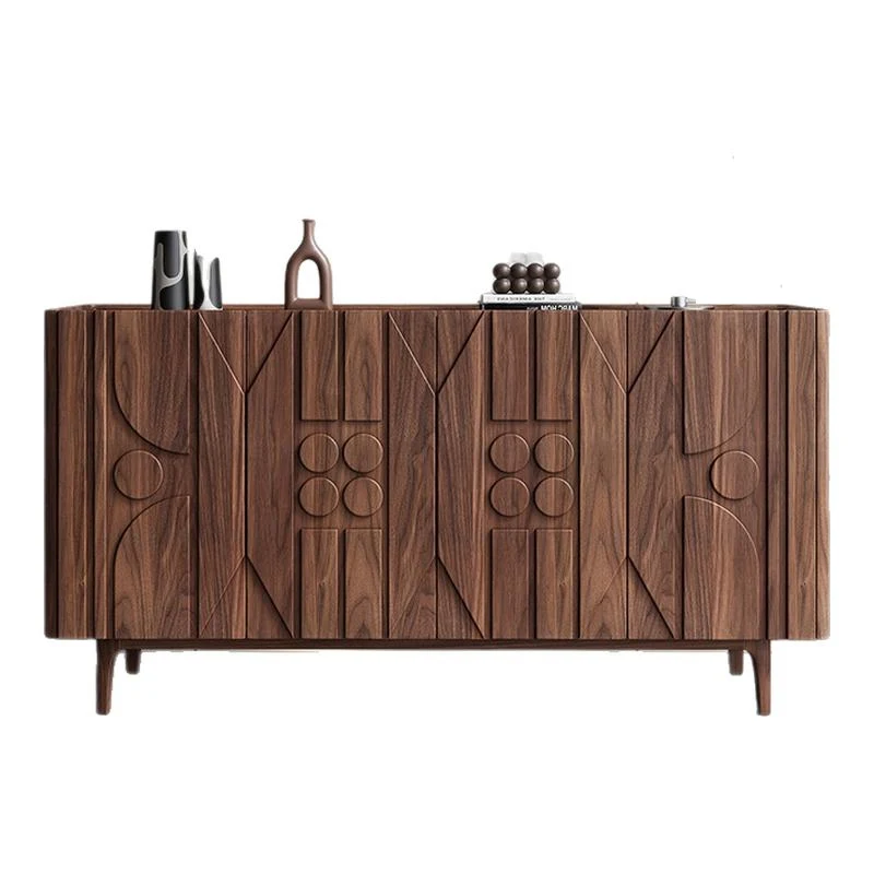 

Medieval entrance cabinet walnut color carved dining side cabinet retro geometric living room storage cabinet solid wood wall