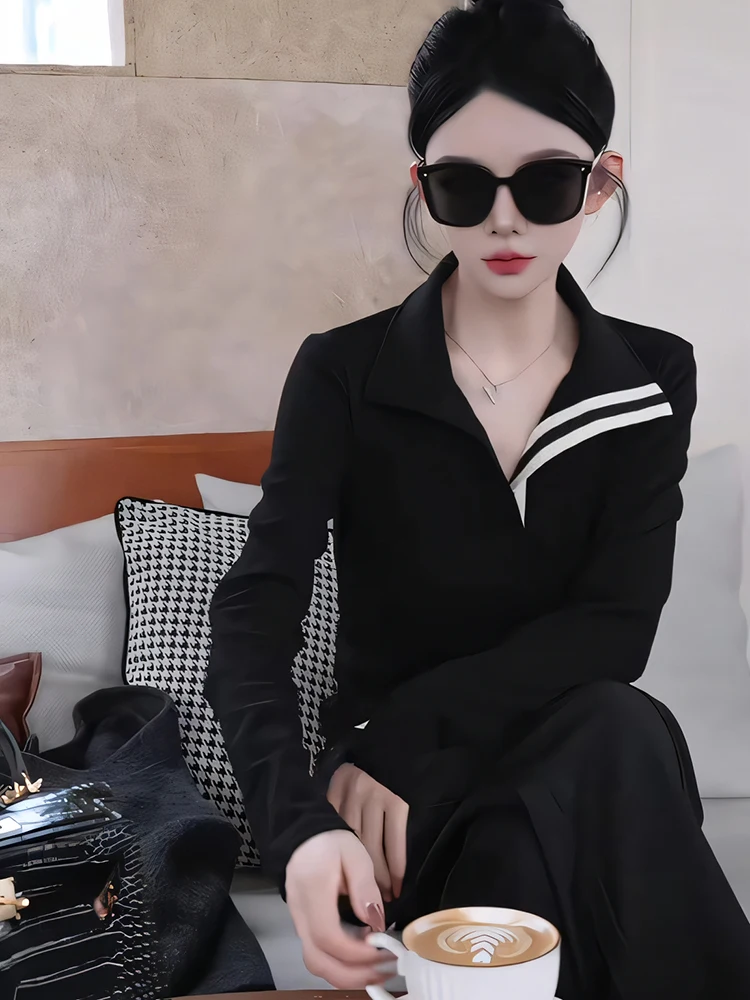 

Black Slim Fit Striped Long Sleeve T-Shirt Autumn New Style plus Size Trendy Base Shirt Slimming Top Commute Style Korean Ver...