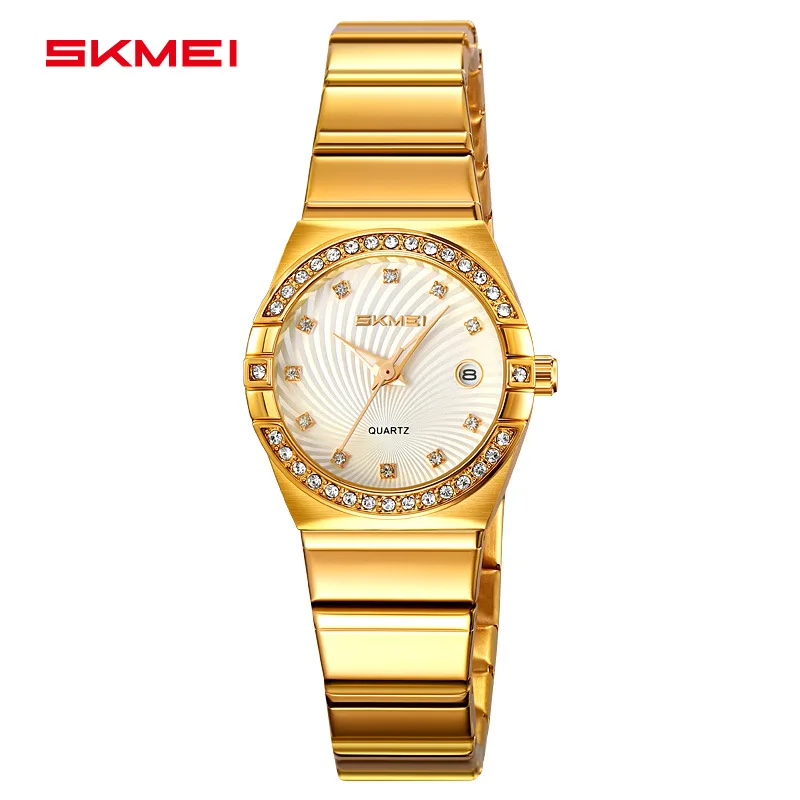 ساعة SkmeiFashion الكلاسيكية النسائية كوارتز بسيطة مرصعة بالألماس للنساء من الفولاذ المقاوم للصدأ مع ساعة يد بتقويم