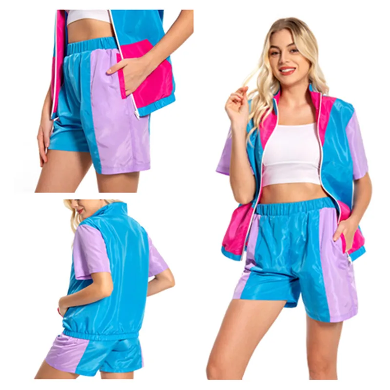 Women Retro 80s Cosplay Costume Girls Multicolor Short Sleeve Jacket Coat Shorts Sportwear Halloween Carnival Party Suit