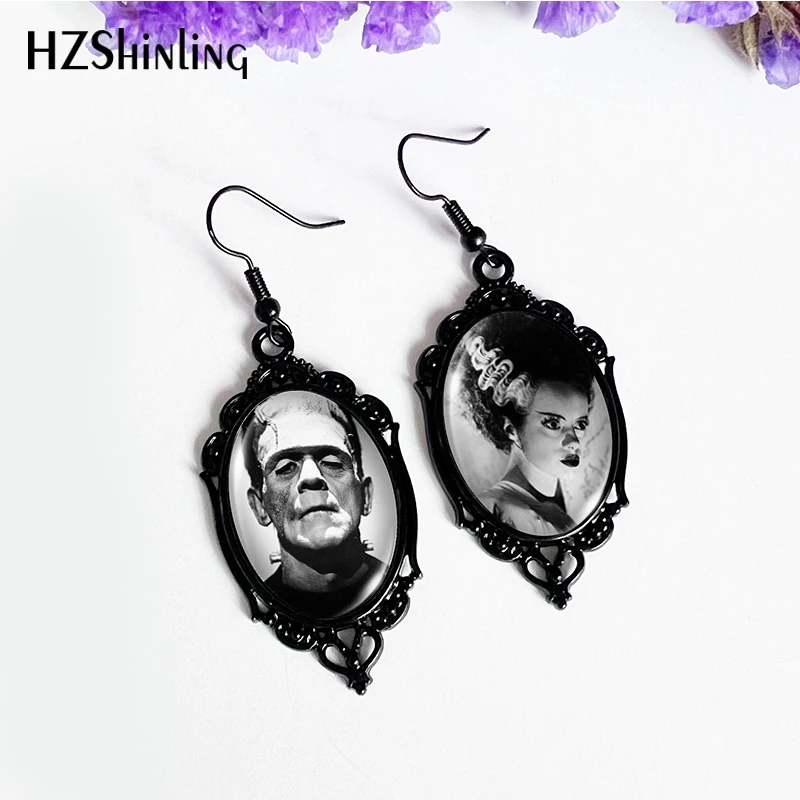 2024 New Frankenstein and His Bride Dangle Earring Black Lace Earrings Oval Glass Photo Jewelry Gifts Party