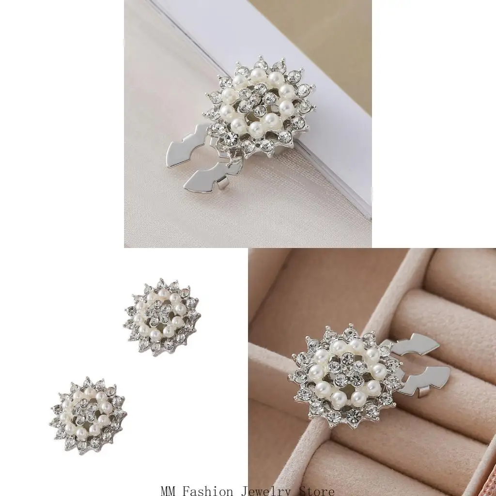 Wedding Shirt Cufflinks with Snowflake Bead and Clear Stone Detail, Silver Tone Clip On Dress Cuff Accessories for Formal Suits