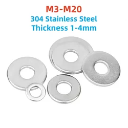 M3 M4 M5 M6 M8 M10-M20 304 Stainless Steel Flat Washer Metal Gasket Standard Increase Thickened Meson Washer Thickness 1-4mm