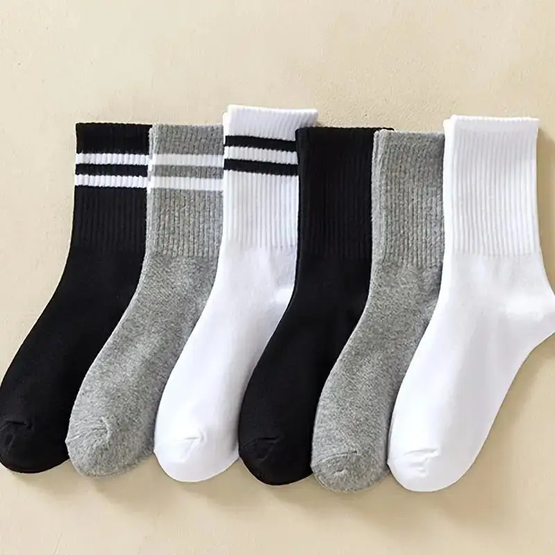 6 Pairs Men\'s Socks Spring Autumn Simple Casual Black White Striped Socks Breathable Mid Tube Sock High-quality Round Neck Socks