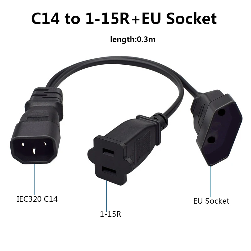 Electric Extension Cord IEC 320 C14 to US Nema 1-15R EU 4.0mm Socket European Power Cable 0.3M Double Y-Splitter Lines PDU UPS