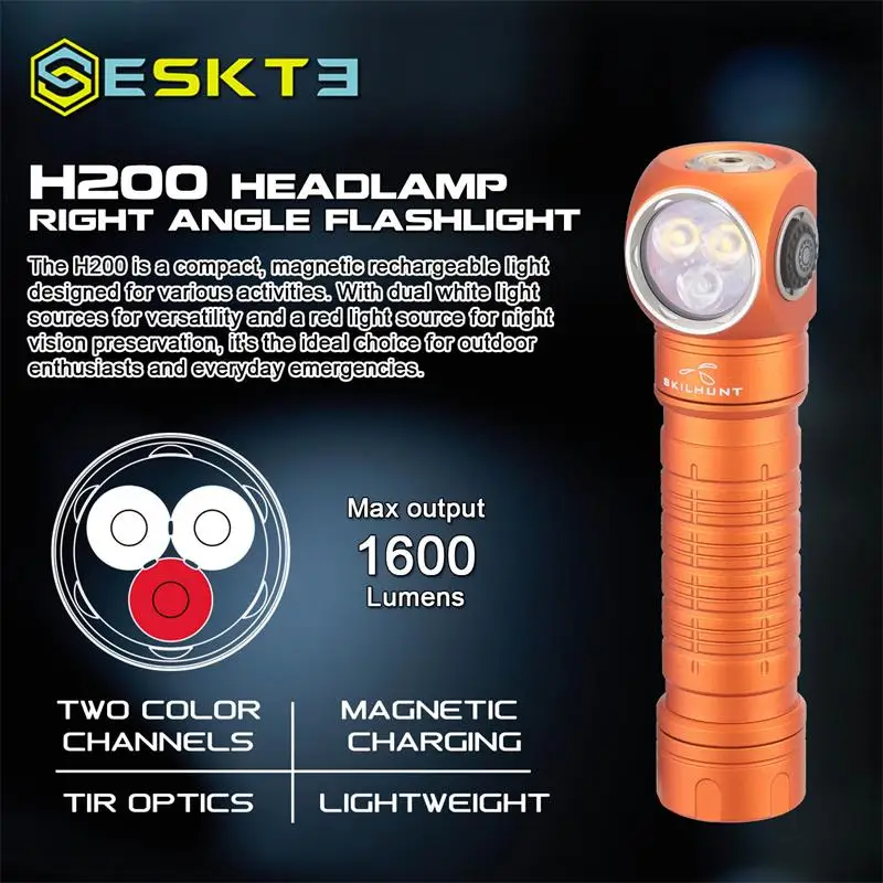 Skilhunt ESKTE H200 (Cool White Version, 6500K) 2 in 1 Headlamp/Flashlight, 1600 Lumens Multi-light Sources with Red Light,18650