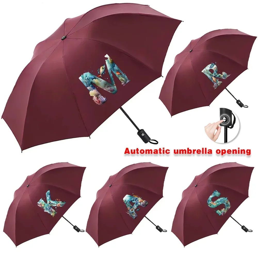 

Umbrella for Sunshine and Rainy Windproof Strong Automatic Folding Large Buckle Handle Double Bone Resistant Fish Letter Printed