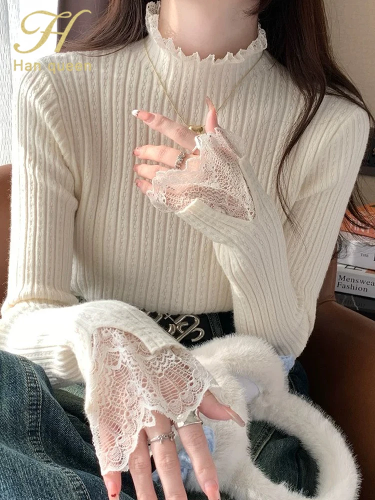 

H Han Queen Autumn Lace Interior Pullover Sweaters Korean Style Sweater Long Sleeve Knitwear Vintage Casual Women's Clothing New