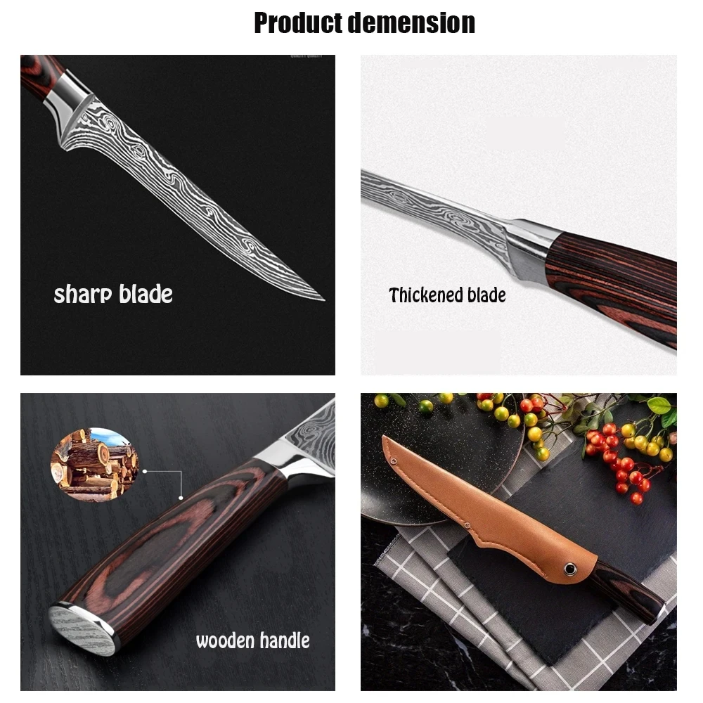 Kitchen Boning Knife Damascus Laser Pattern Butcher Knife Stainless Steel Bone Meat Fish Fruit Vegetables Chef Knife with Cover