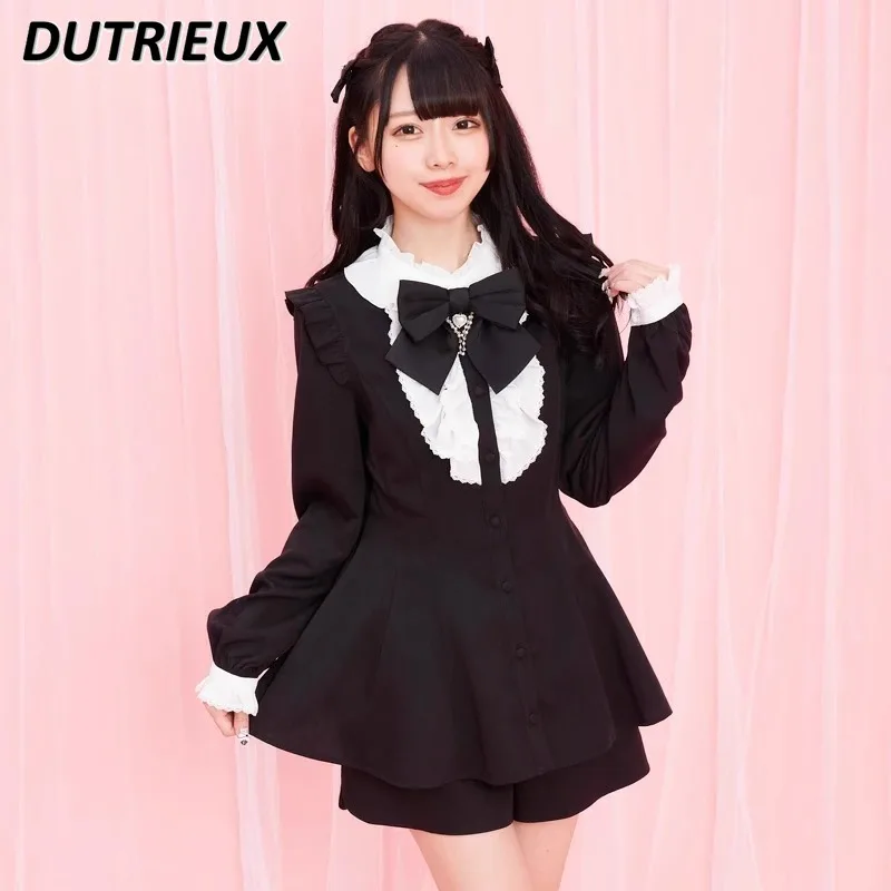 

Japanese Long-sleeved Love Bow Mass-produced Black Plaid Dress and Shorts Sc Set Mine Slim-fitting Single-breasted Top Suit