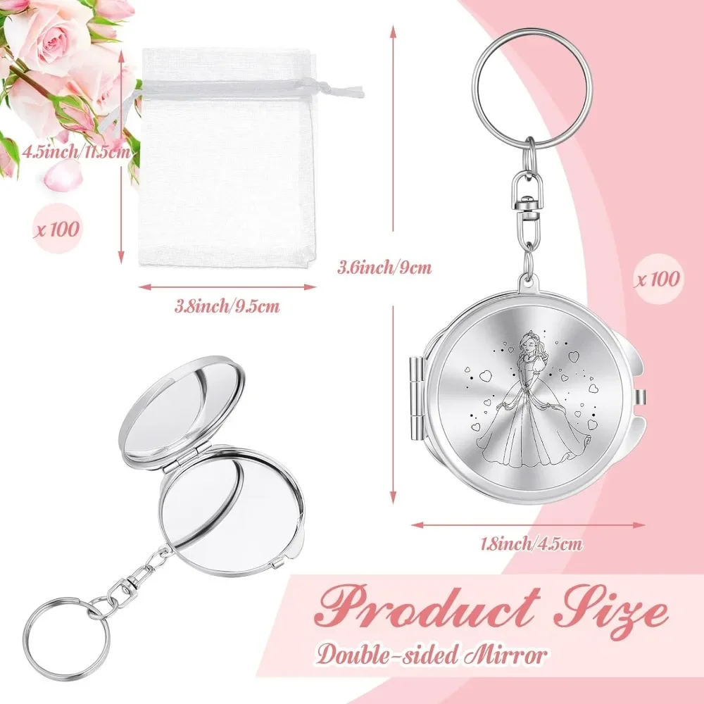 50 Sets Quinceanera Party Favor for Guests Silver Compact Mirror Keychain with White Organza Bag 15 Birthday Gift Party