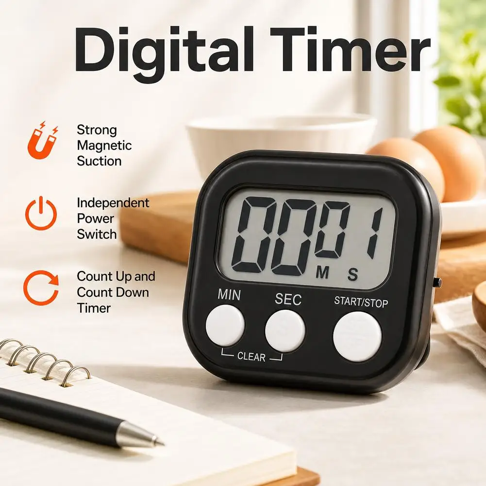 Magnetic LCD Kitchen Timer – Digital Count Up/Down Stopwatch For Cooking Baking Study, Sports & Shower, Visual Timer With Alarm