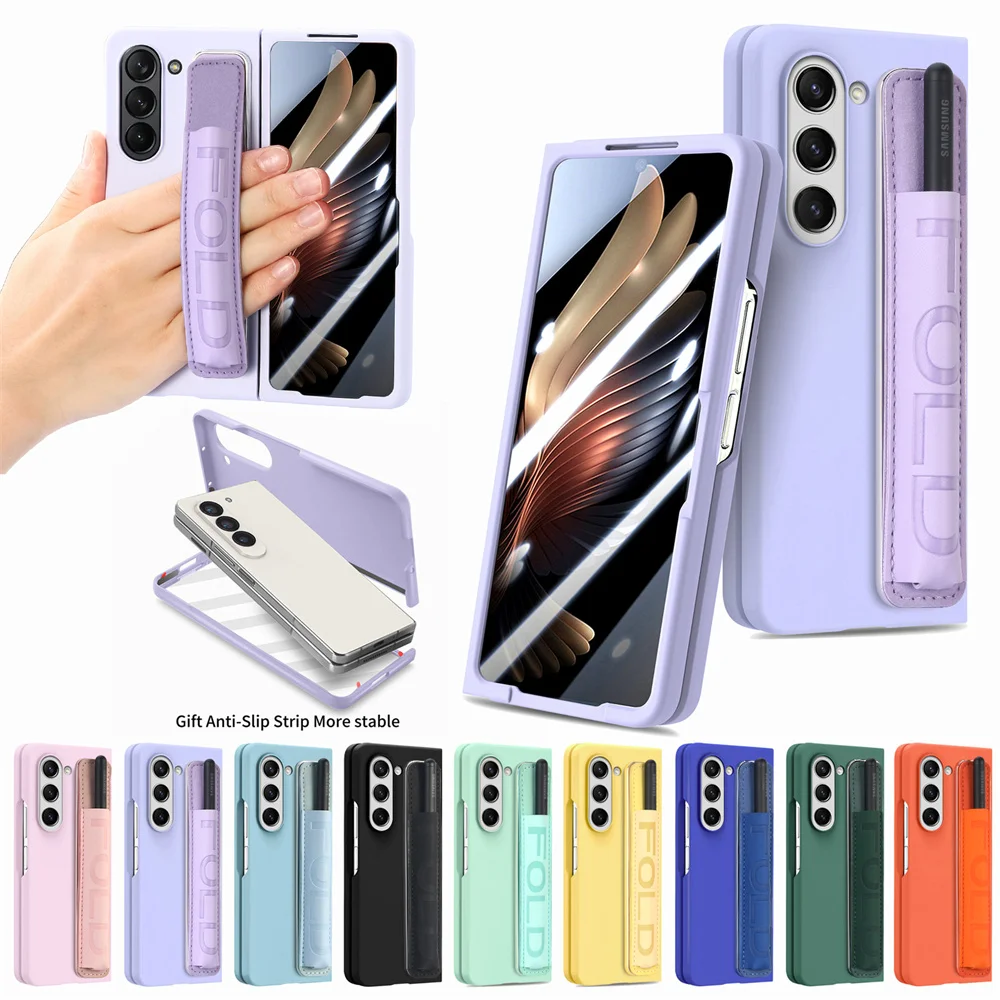 For Samsung Galaxy Z Fold 6 5 Fold6 Fold5 5G Phone Case with Wrist Strap Elastic Finger Wristband & Pen Holder Cover(NO Pen)