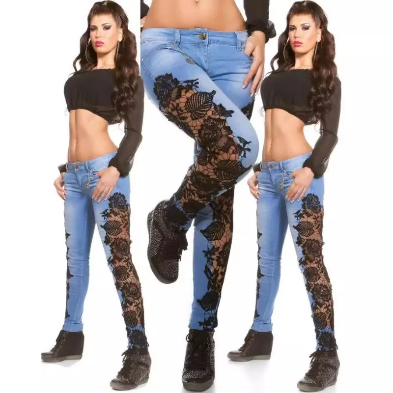 

Сексуальные кружевные полые кружевные джинсы в европейском и американском стиле для женщин, модные весенние и летние новые товары для поездок на работу