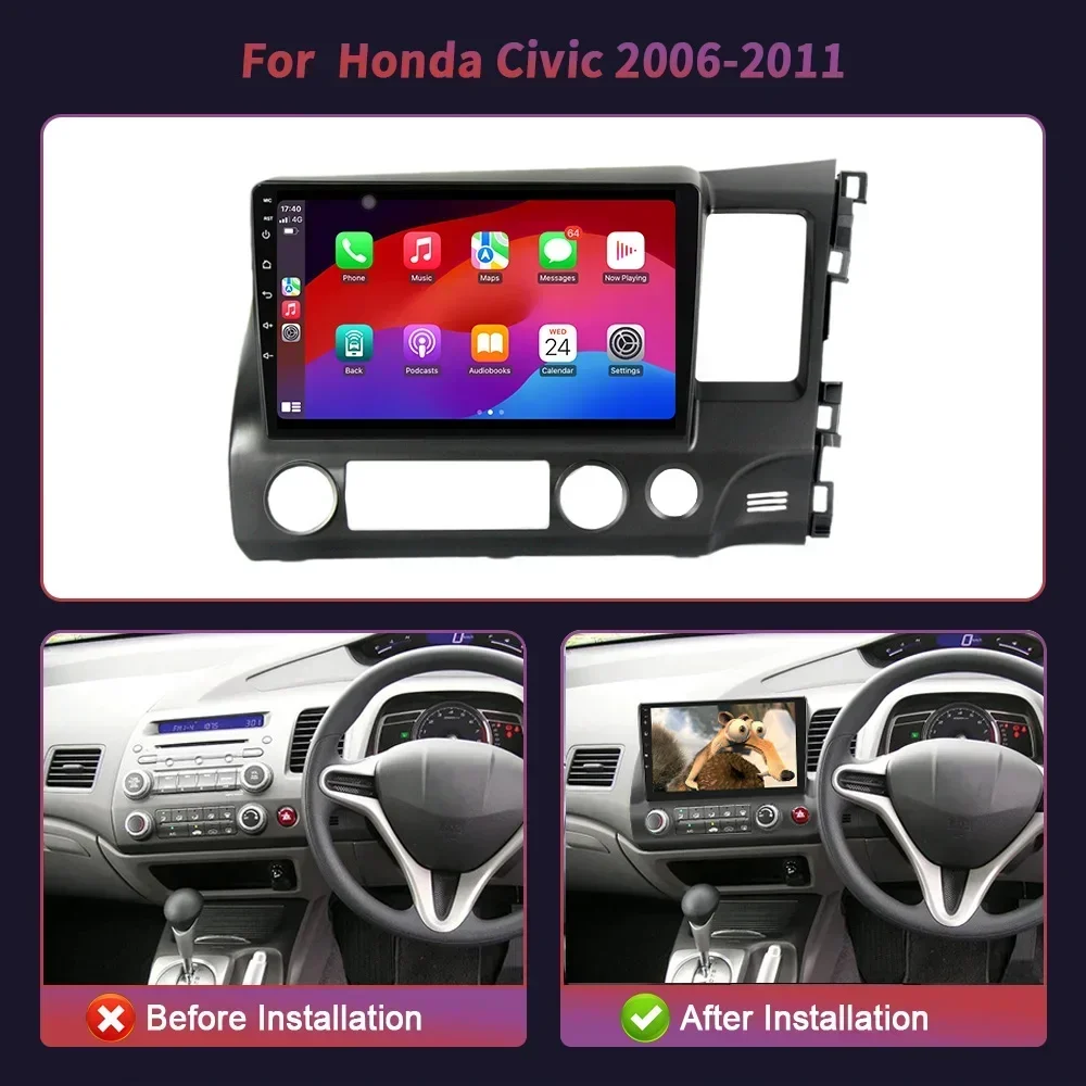 For Honda Civic 8 2005-2012 Right Handle Drive Car Radio Multimedia Navigation Wireless Android Apple Carplay Stereo  Screen